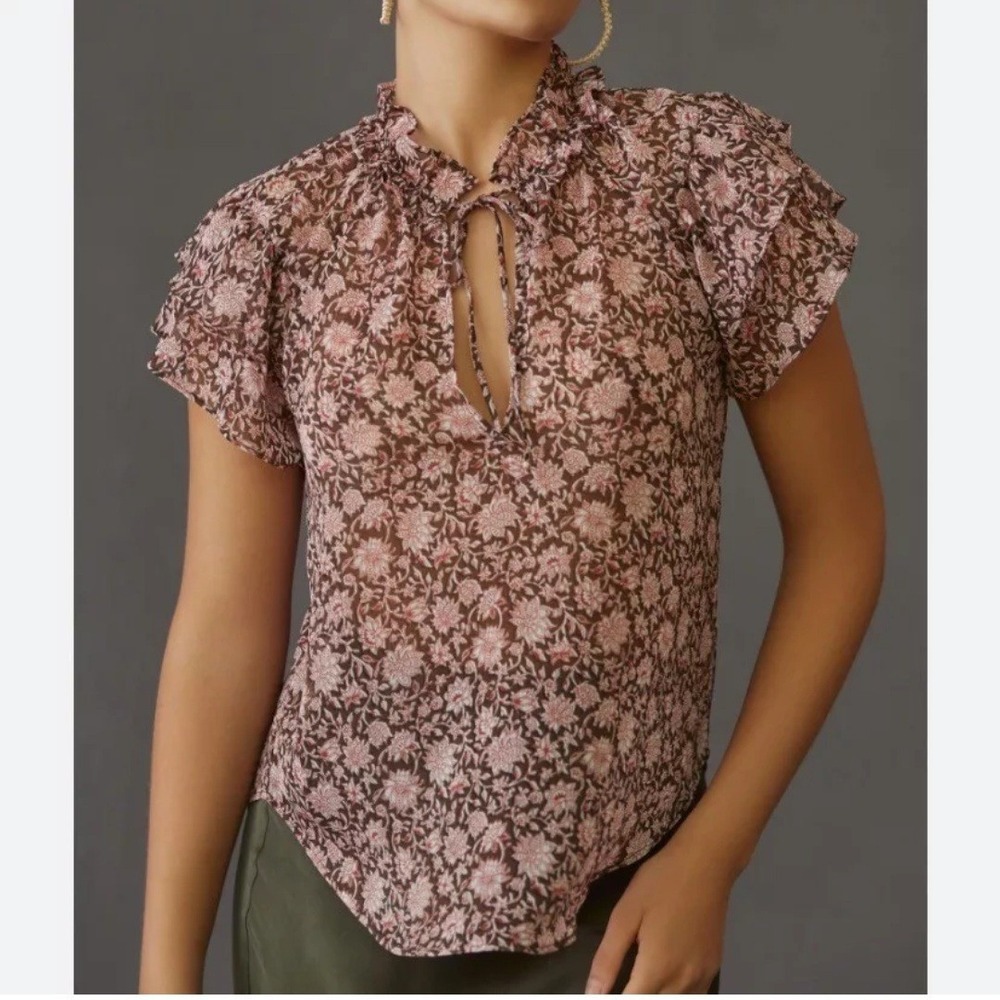 Anthropologie Blouse Medium V Neck Flutter Sleeve Floral Ruffle Sheer NWT - Picture 2 of 7